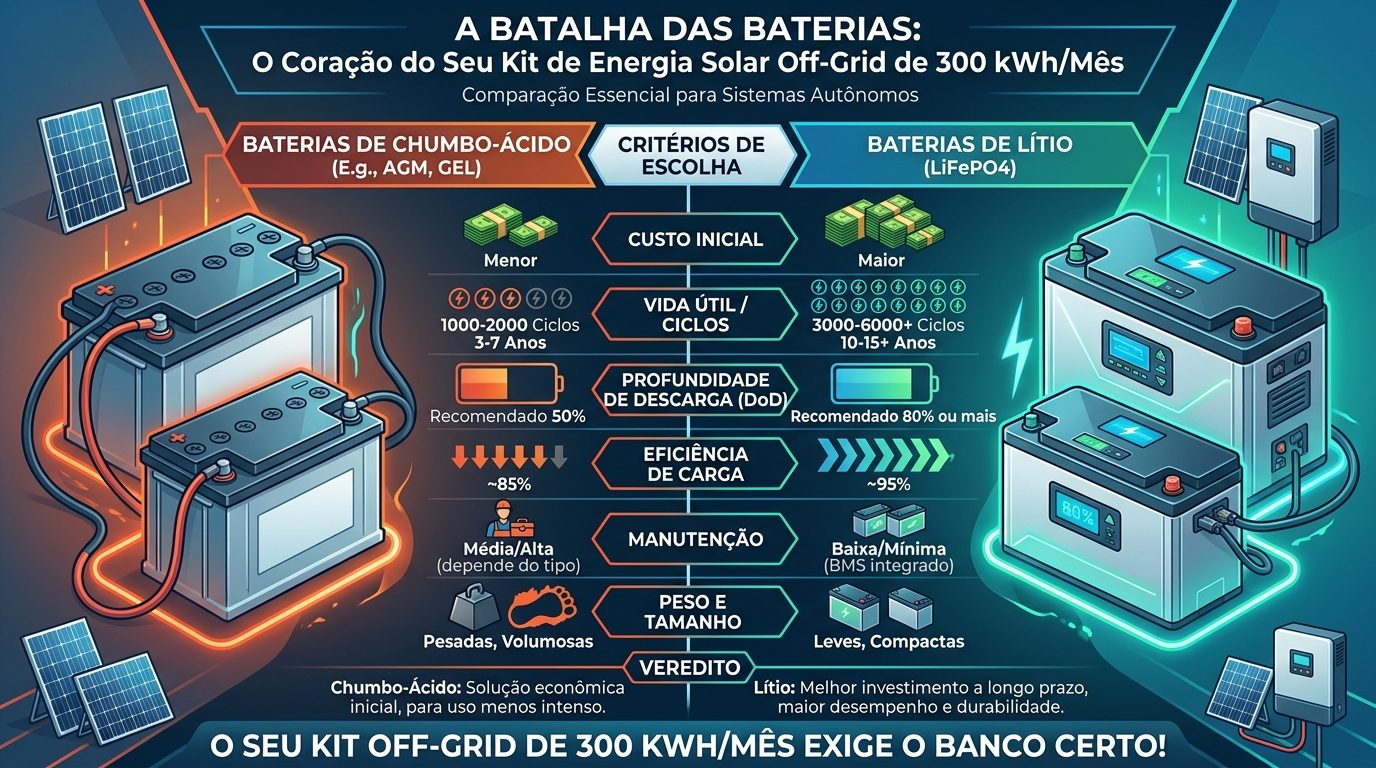 Kit Energia Solar Off Grid 300 kWh Mês: Lítio ou Chumbo-Ácido?