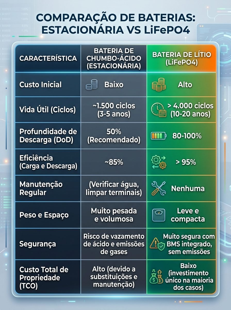 Kit Energia Solar Off Grid 300 kWh Mês: Lítio ou Chumbo-Ácido?