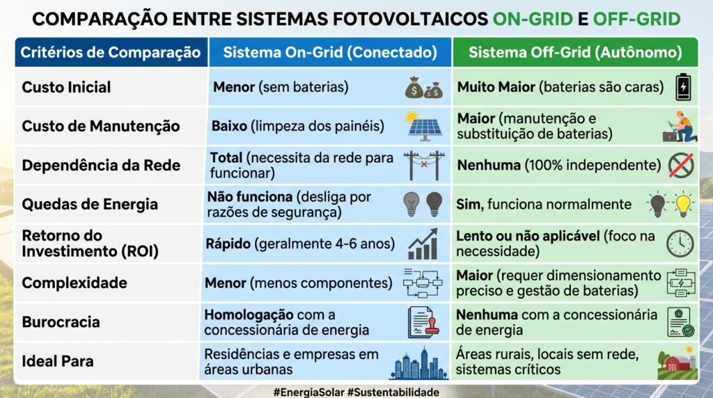 Gerador de Energia Solar: On-Grid vs Off-Grid [Guia 2026]