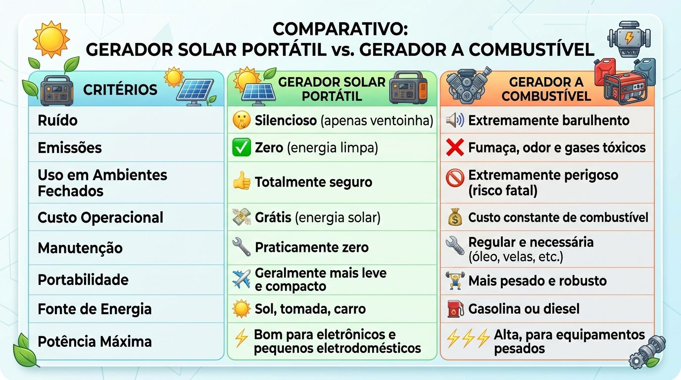 Gerador de Energia Portátil: Solar vs. Combustível, Qual Vence?